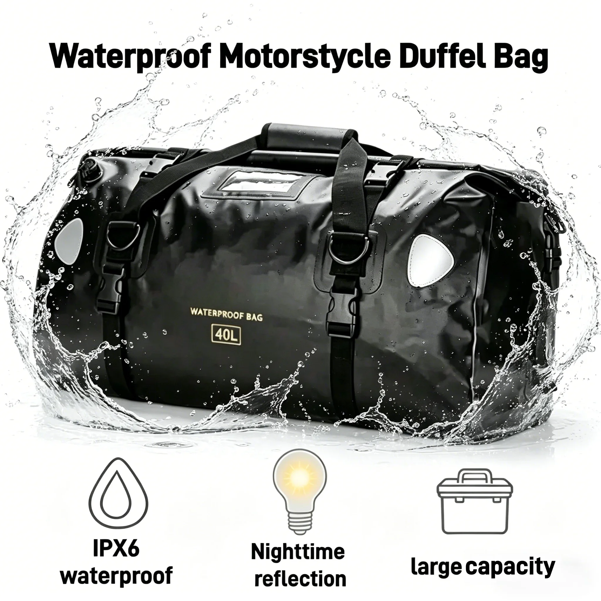 

Motorcycle Tail Bag Reflective Large Capacity Waterproof Moto Saddle Bag Adjustable Strap Luggage for Motorbike Touring Camping