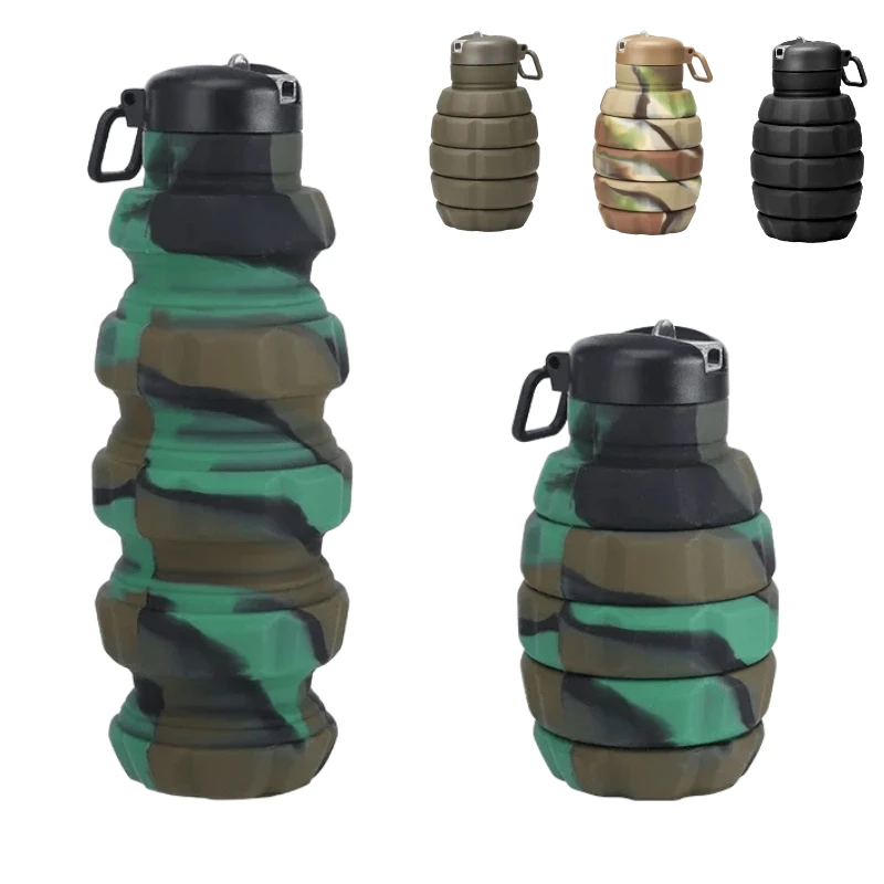 Plastic Grenade Water Bottle Retractable Folding High Temperature Resistant Food-Grade Silicone Cycling Sports Kettle