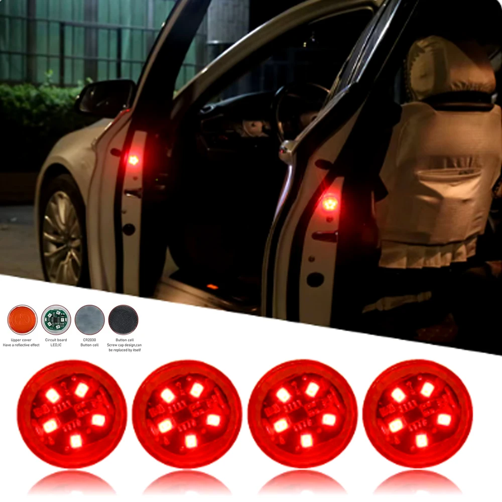 4 PCS Car Safety Warning Light ABS Wiring-free Automatic Lighting Anti-collision Door Light Adhesive Decorative Accessories