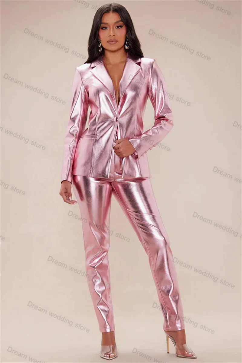 

Pink Shiny Women Suit Pants Set 2 Piece Blazer+Trousers Formal Office Lady Jacket Wedding Tuxedo Customized Prom Dress Coat