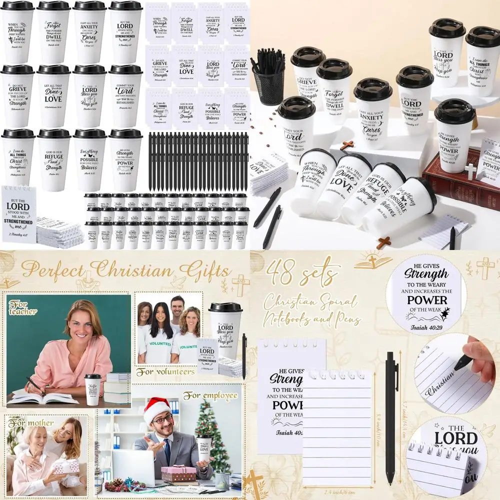 

Массовые христианские пластиковые стаканы емкостью 16 унций с крышками, библейскими тетради и ручками — 48 упаковок черно-белых стаканов для праздничных подарков для сотрудников