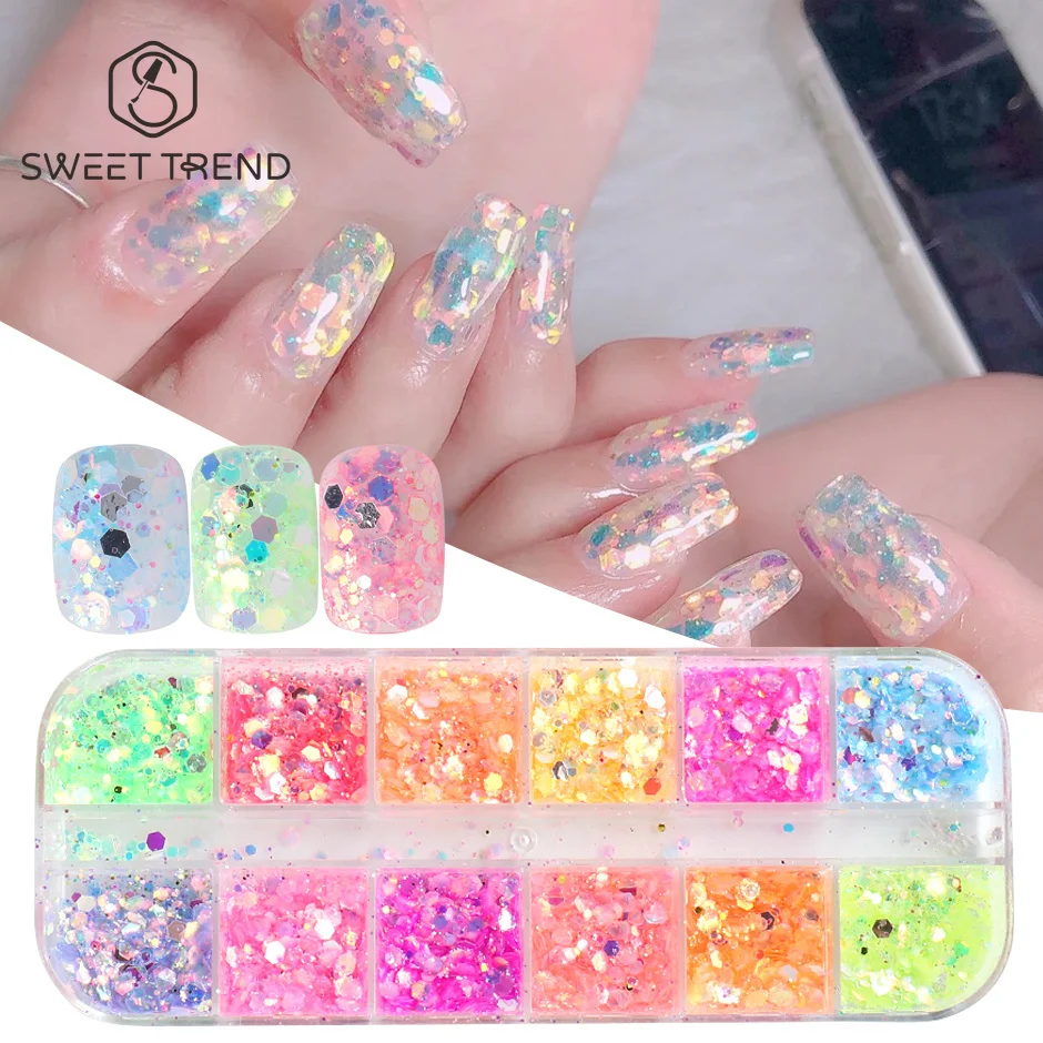 12 compartiments de paillettes pour nail art sirène en cristal, hexagonales holographiques, couleurs fluorescentes AB, éclats scintillants pour manucure