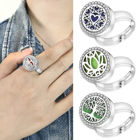 Fashion Tree of Life Adjustable Aromatherapy Ring Stainless Steel Spiral Open Rings Heart-Shaped Perfume Diffuser Locket Jewelry