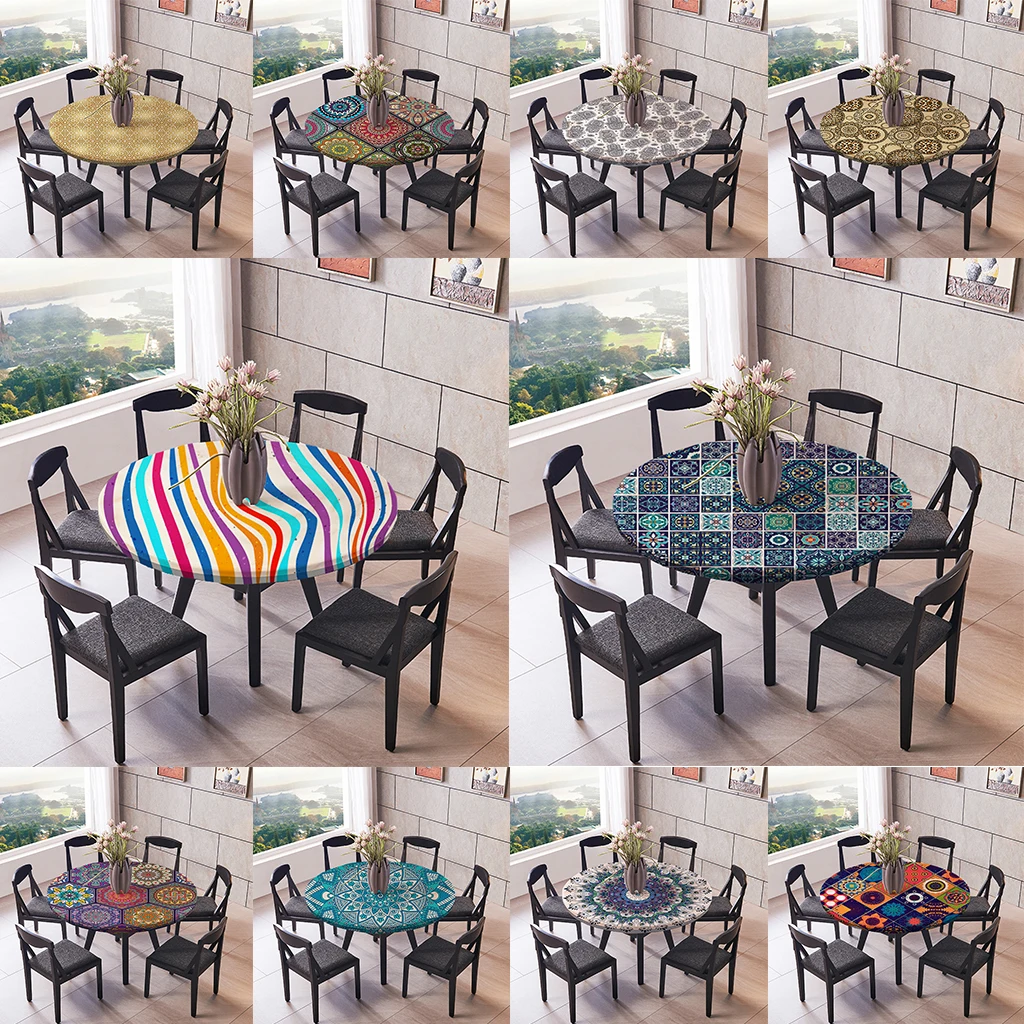 Elastic Edge Table Cover Washable Polyester Round Tablecloth for Party BBQ Wedding Decor