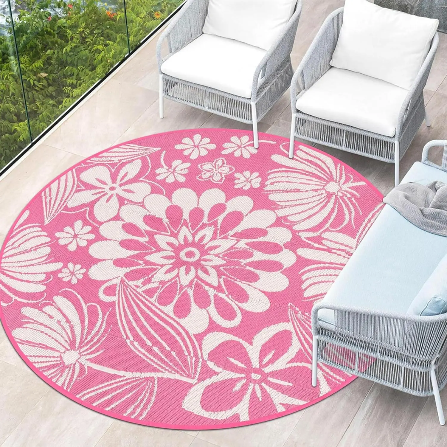Vibrant Pink Floral Round Rug White Pattern for Outdoor Patio or Sunroom Use