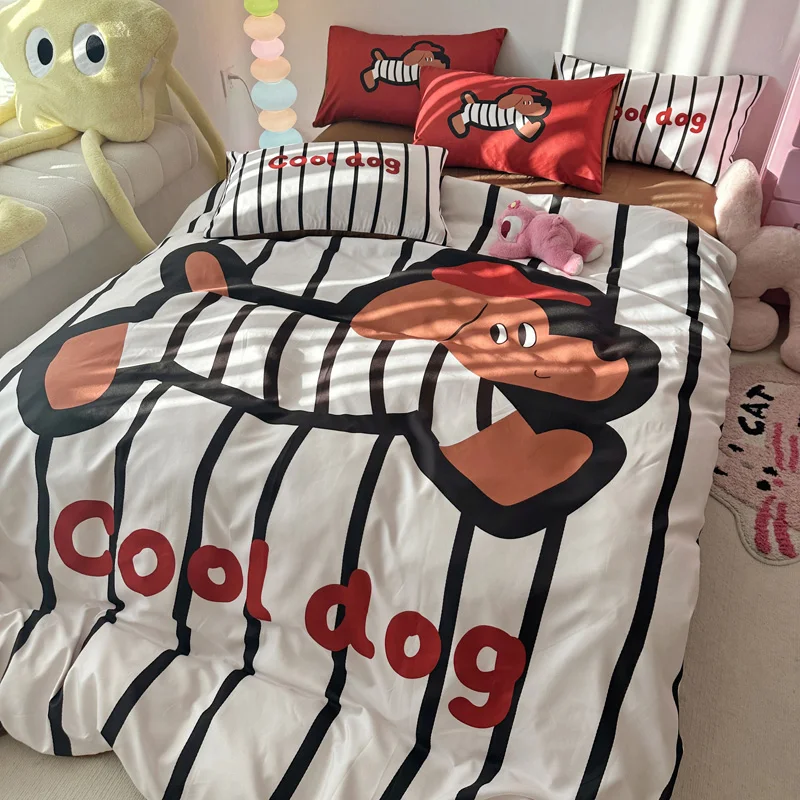 Black and White Striped Duvet Cover 4 Piece Set, Cartoon Dog Pattern Bedding with Bed Sheet, Cute Animal Comforter Cover Set