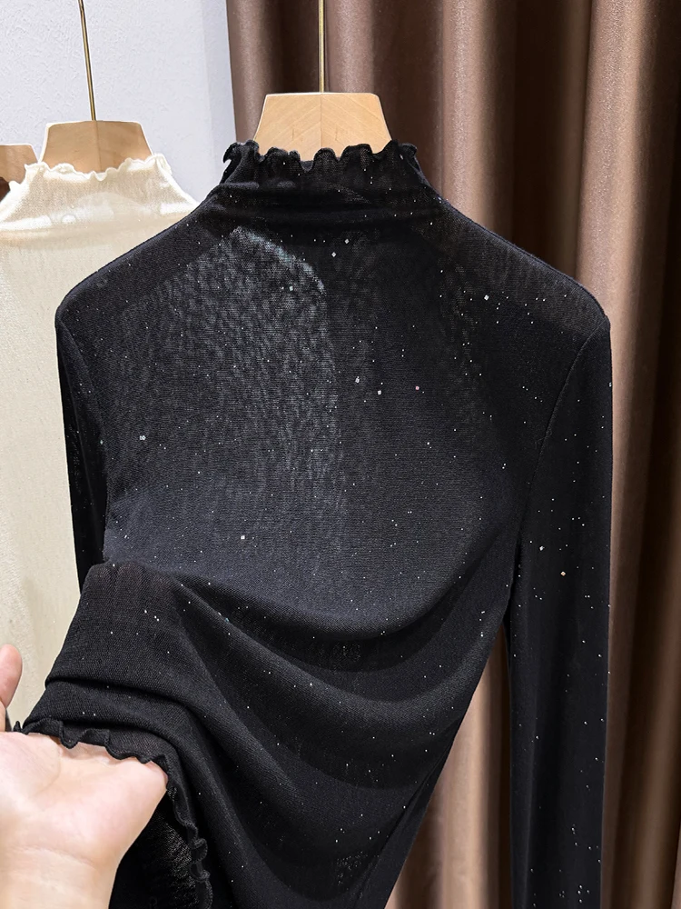 

Женская осенне-зимняя базовая одежда Ele Bla Lace Me: тонкая футболка с высоким воротником, длинная, из полиэстера и хлопка...