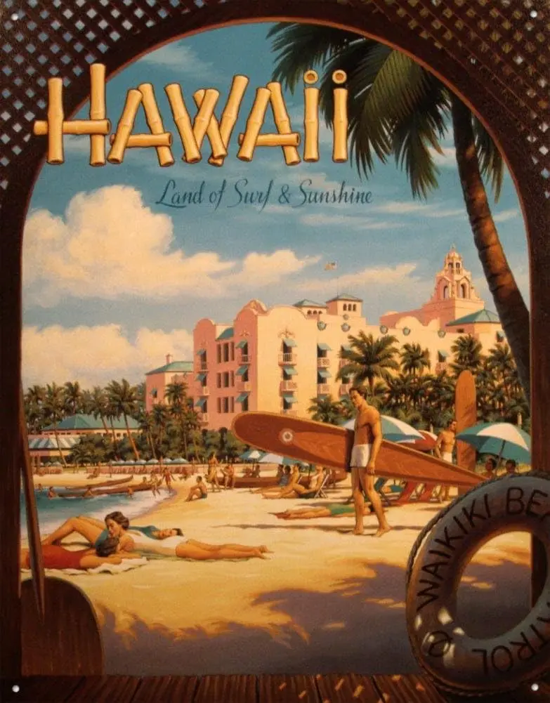 Travel Poster Tin Metal Sign : Hawaii Land of Surf & Sunshine by Kerne Erickson, 13x16 1pc sign