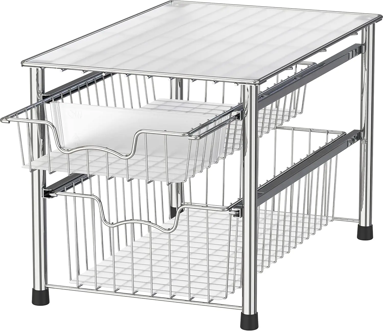 

2-Tier Sliding Basket Organizer Drawer, Stackable Chrome Storage for Kitchen or Office