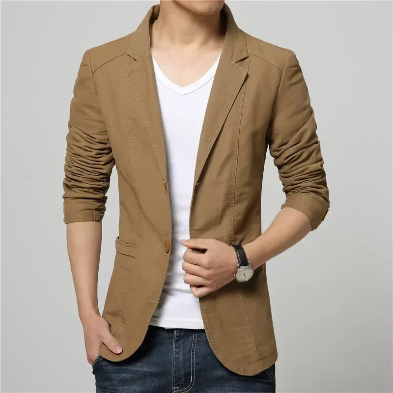 Cotton Business Casual Men Blazer Fashion Trend Slim Fit Solid Color Jacket Large Size M-7XL Khaki Black Brown Suit Coat