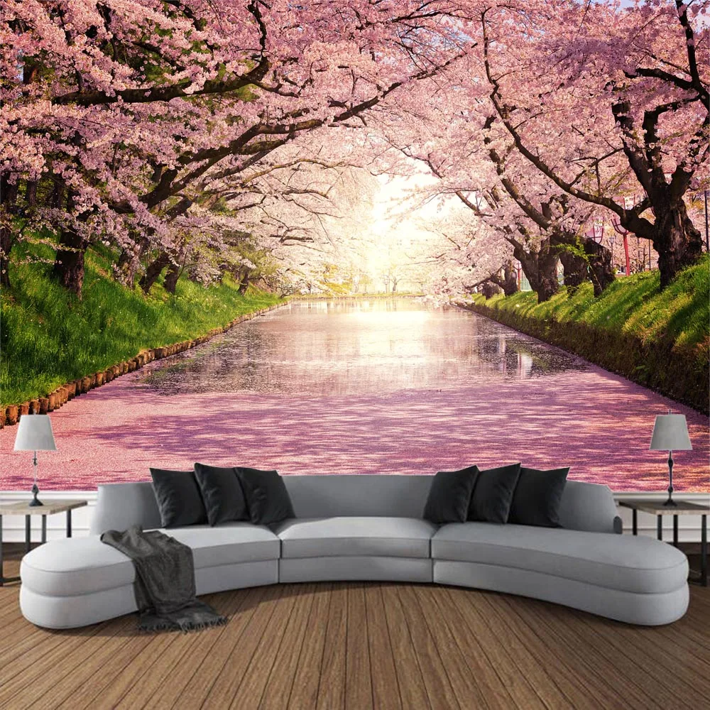 Cherry Blossom Landscape Tapestry Pink Flowers Trees Forest Park Garden Wall Hanging Bedroom Room Aesthetics Home Decoration