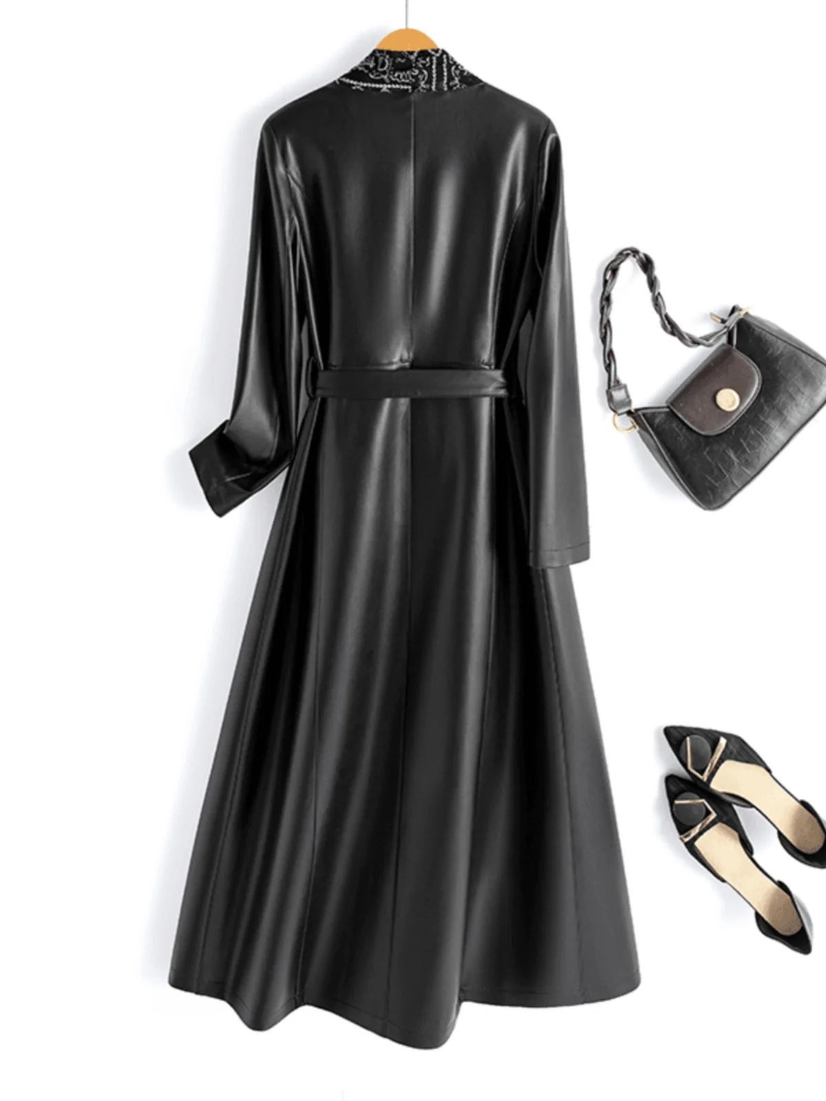 Cappotto in Pelle Haining da Donna Primavera Autunno 2025, Lungo, con Cintura in Vita, Snellente, Elegante per il Pendolarismo