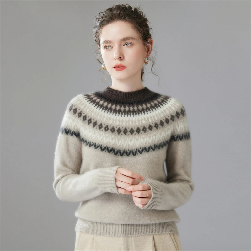 35% kasjmier Fair Isle trui, verdikte damestrui met ronde hals, havermout/rood