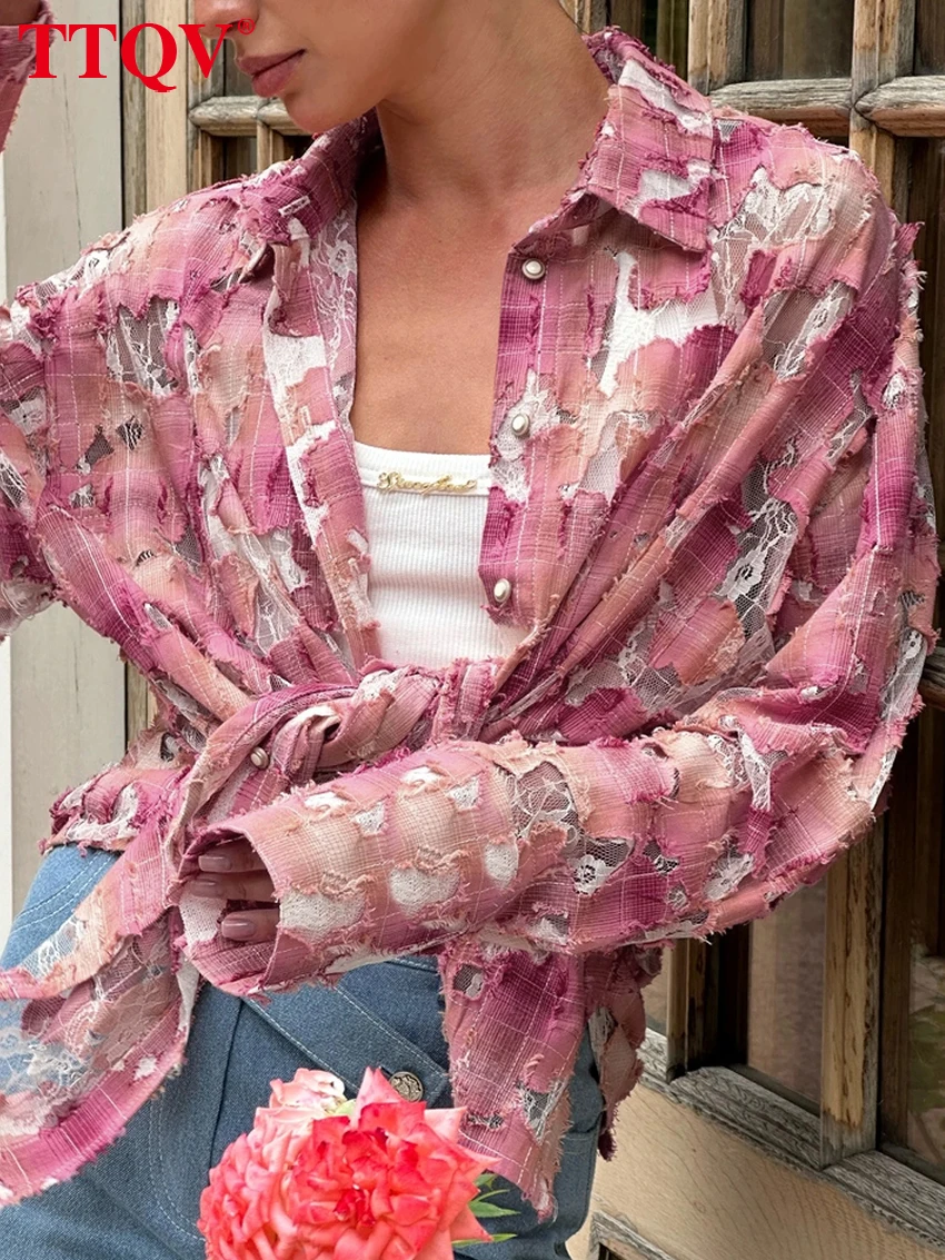 

TTQV модные свободные клетчатые хлопковые женские рубашки 2025 винтажная блузка с длинными рукавами и лацканами, элегантный кружевной топ, женская одежда