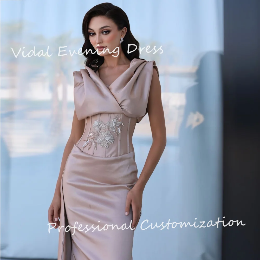 Vindal Evening dresses Satin Sleeveless Halter Beading Mermaid Elegance Plain Ankle-Length Modern-style High-Quality For Woman