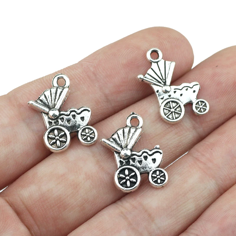 High Quality 20 Pieces/Lot 17mm*18mm Antique Silver Plated Alloy Diy Charm Small Baby Carriage Stroller Charms For Jewelry Makin