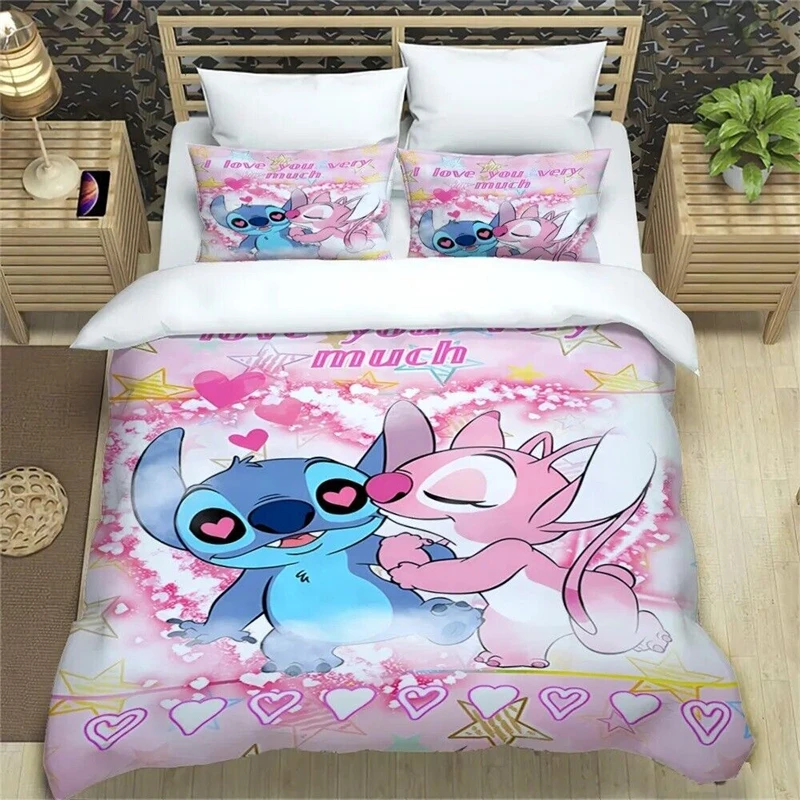 Ensemble de literie dessin animé Stitch pour enfants et adultes, housse de couette, taie d\'oreiller, lit double, cadeau pour fille, décoration de