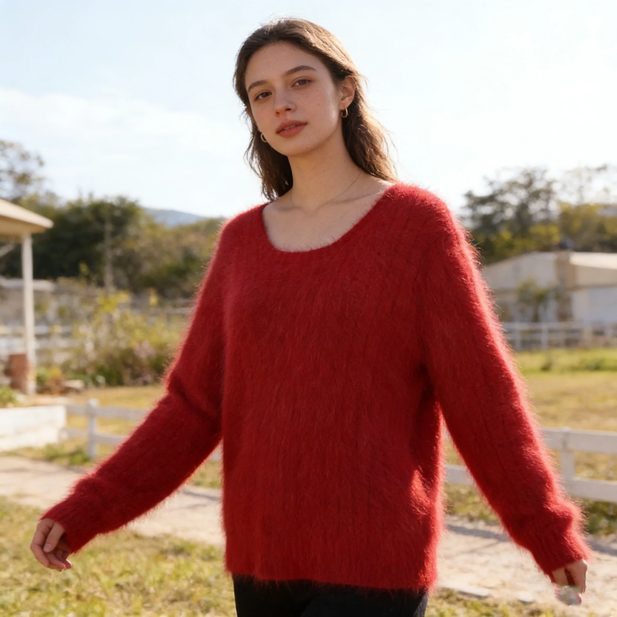 

Женская осенне-зимняя одежда, красный волосатый ангорский кролик, вязаные тонкие блузки с круглым вырезом, пуловер, свитер из норкового меха, джемпер