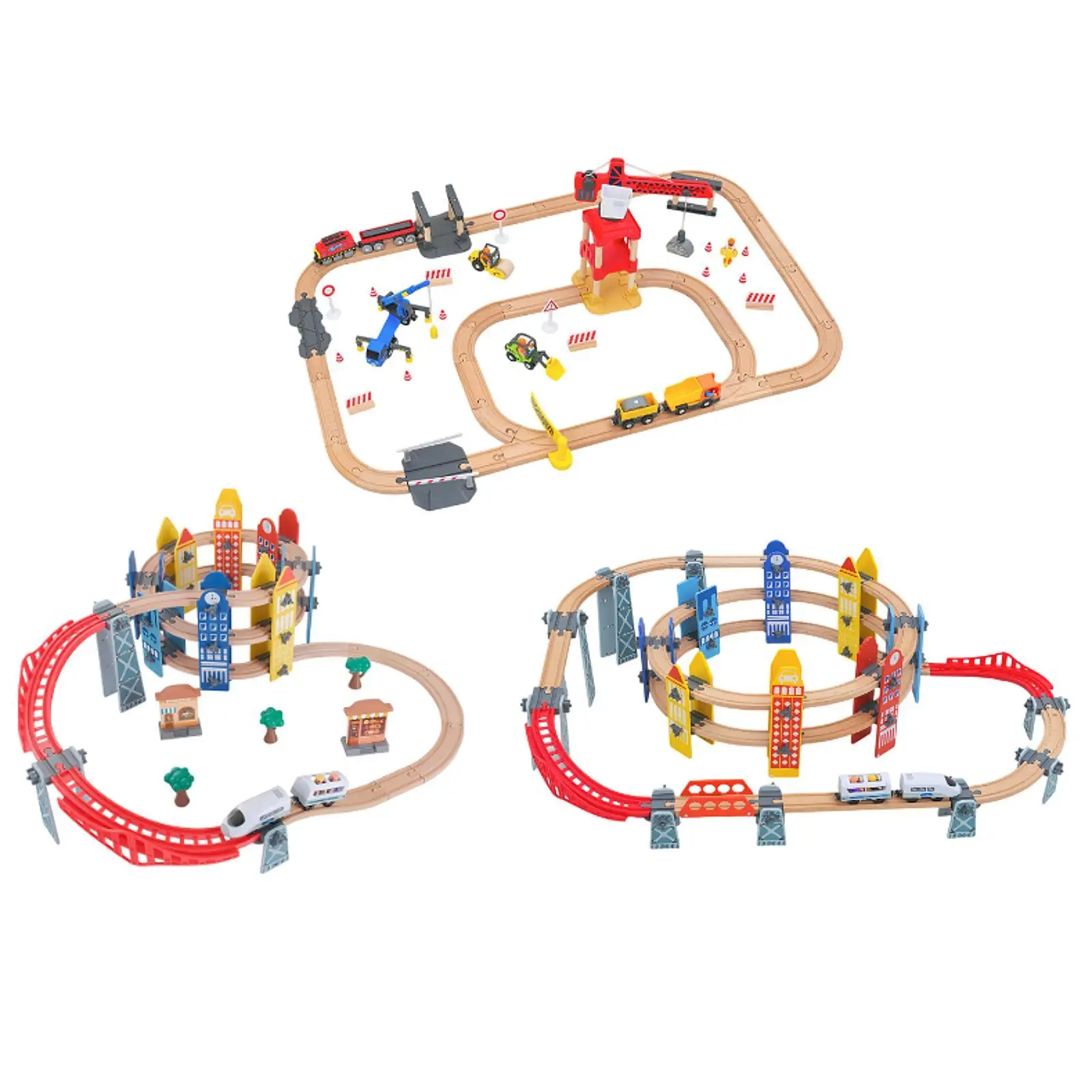 Conjuntos de trem e pista de madeira, brinquedo de viagem, conjunto ferroviário com ponte para idades de 3 + anos, pré-escolar, jardim de infância, crianças, suprimentos para festas