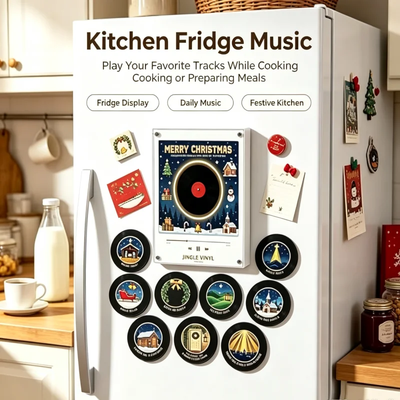 9pcs Magnetic Fridge Magnet Music Player Light‑up Rotatable Mini Retro Vinyl Record Ornament Fashion Christmas Home Decor Supply