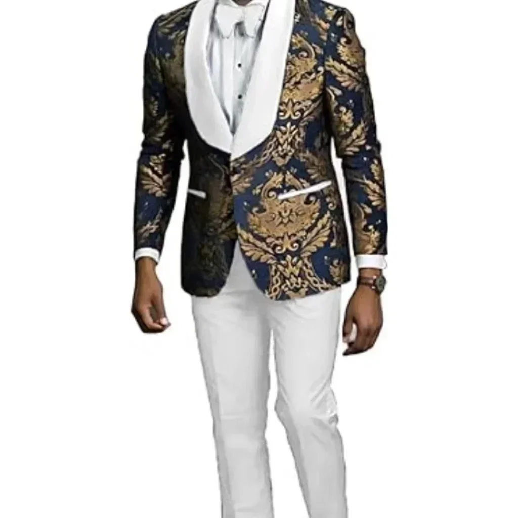 

Men's 2-piece Wedding Suit (coat+pants) Gold Pattern and Navy Blue Groom Tuxedos Shawl Satin Lapel Fit with Velvet Wedding