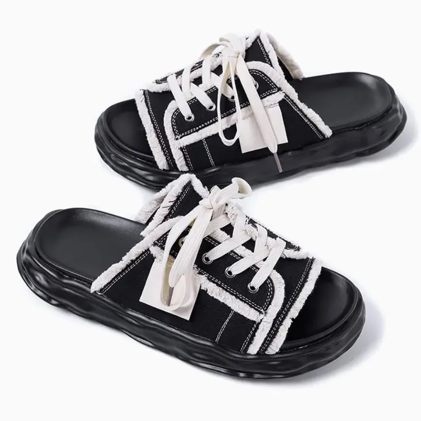 

PopMen's Niche Designer Trendy One-piece Slides Men Lace-up Casual Outdoor Shoes Mens Versatile Style Breathable Slippers