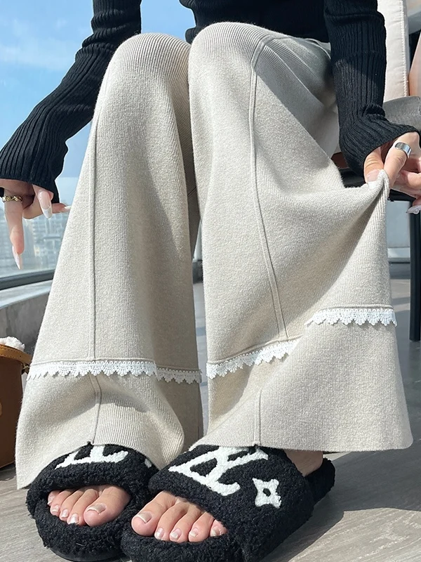 Damskie spodnie z wysokim stanem, dzianinowe, z szerokimi nogawkami, miękkie, z koronkowym wykończeniem, codzienne spodnie do ziemi, spodnie typu dra, jesień-zima, nowość.