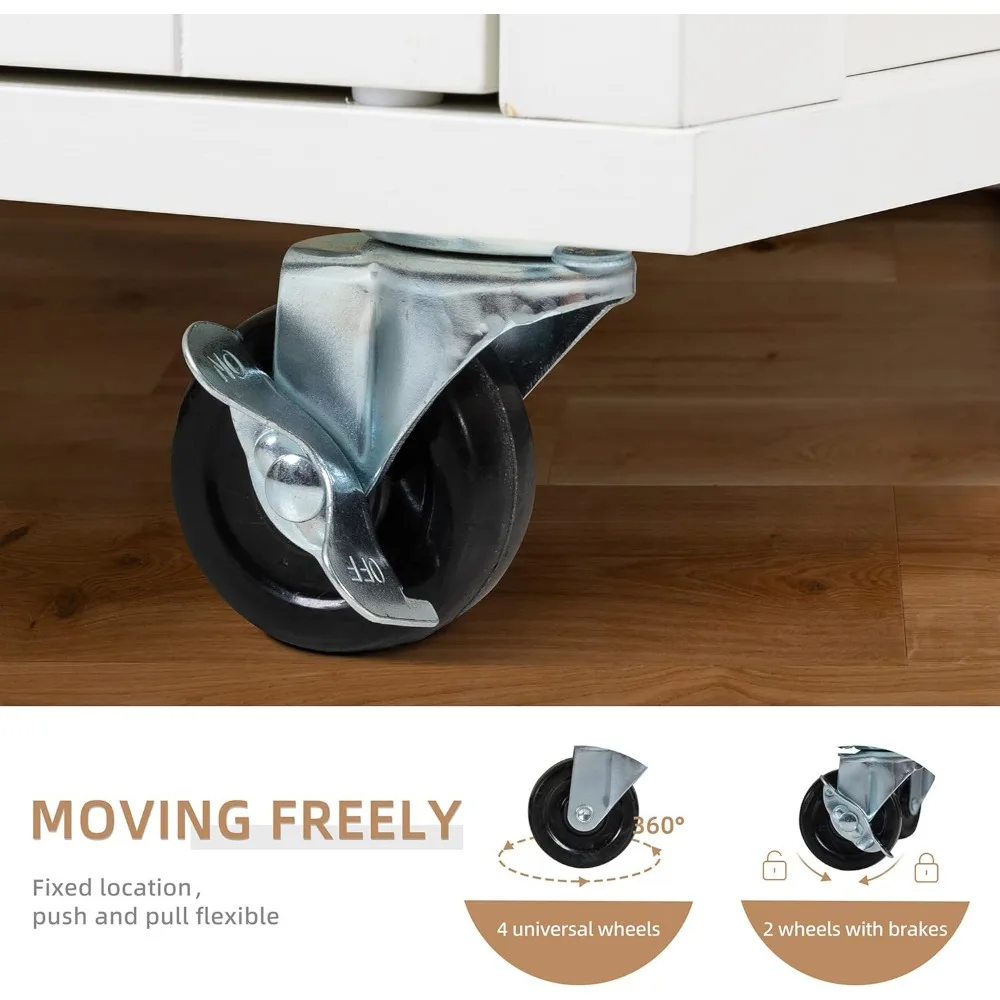 عربة جزيرة المطبخ المتدحرجة مع مساحة تخزين، وسطح عمل كبير، وخزانة، وبار المناشف، وأدراج