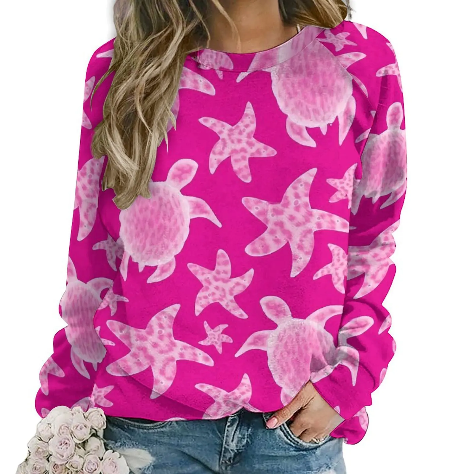 Pink Turtles Casual Hoodies Winter Cute Starfish Cute Hoodie Long Sleeve Oversized Harajuku Graphic Sweatshirts