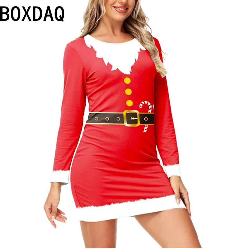 Ladies' New Year Christmas Party Dress 3D Funny Santa Claus Dress Up Style Dress Long Sleeve O-Neck Casual A-Line Dress