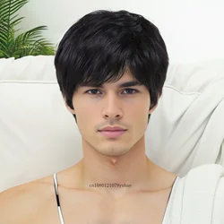 Synthetic Hair Wigs for Men Male Guys Short Natural Black Wig with Bangs High Temperature Fiber Daily Party Costume Casual Use