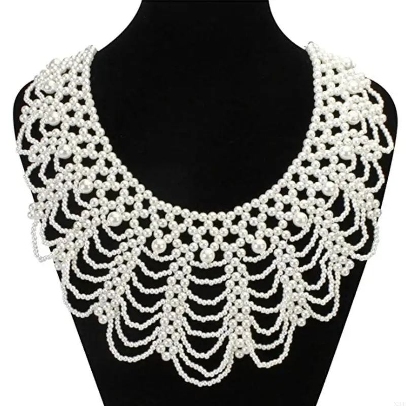 N2UE Women Luxury Imitation Pearl Beaded Bib Choker Necklace Flower Jewelry Decorative Gown Dress Detachable False Fake