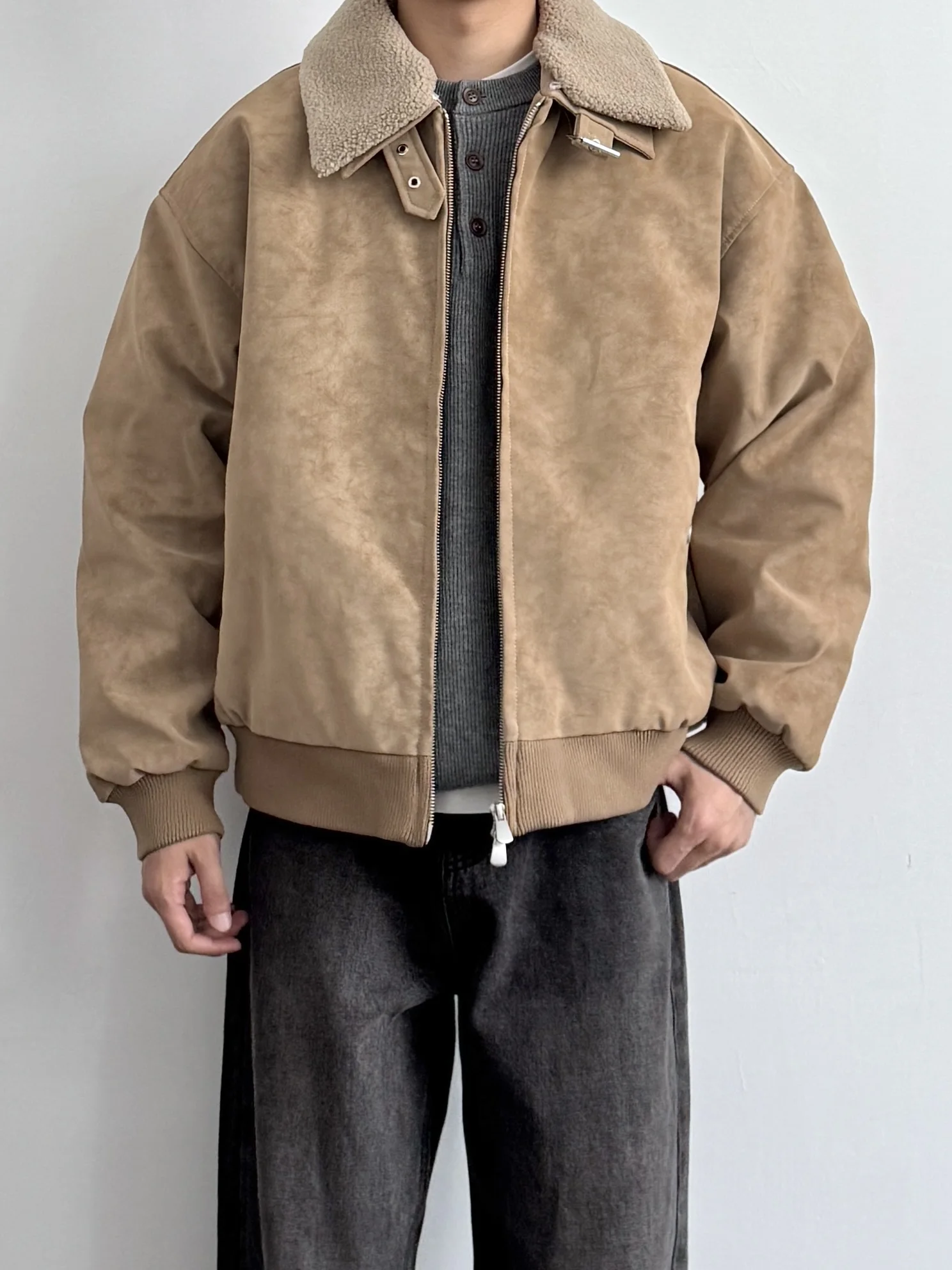 

ONUN American Retro Detachable Lamb Fur Collar Thiened Warm Casual All-match Suede Cotton Jaet Trendy Leather Coat