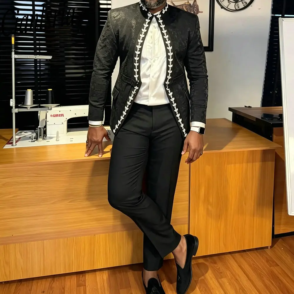 Men's Black Jacquard Blazer with White Embroidered Trim Stand Collar Slim Fit Suit Coat for Groomsmen Wedding Party Wear