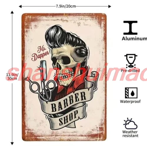 shui BARBER SHOP METAL TIN SIGN BARBER MR. DAPPER SKULL HAIR ART BARBER SHOP ART DE PAREDE 1 unidade