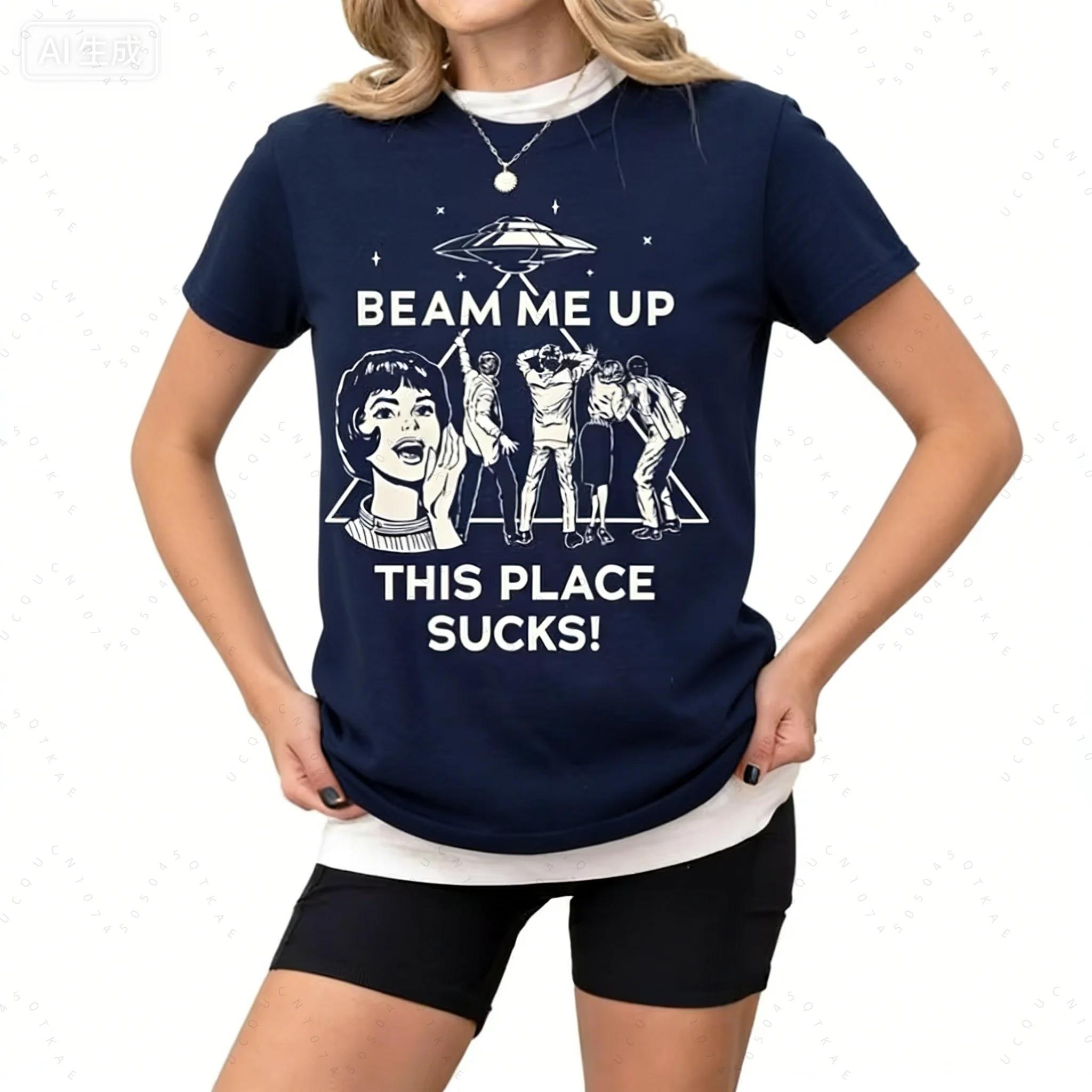 Me Up This Place Sucks Stranger Short Sleeve Tee Alien Ufo Abduction Retro Quote Four Seasons Versatile Matching Women T-Shirt