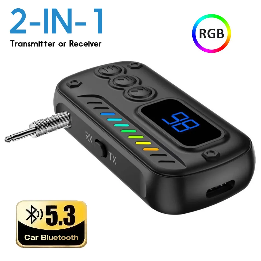 Car Wireless Bluetooth 5.3 2 in 1 Receiver Transmitter 3.5mm AUX Jack HF Music Player Adapter For Phone/Tablet to Car/Speaker