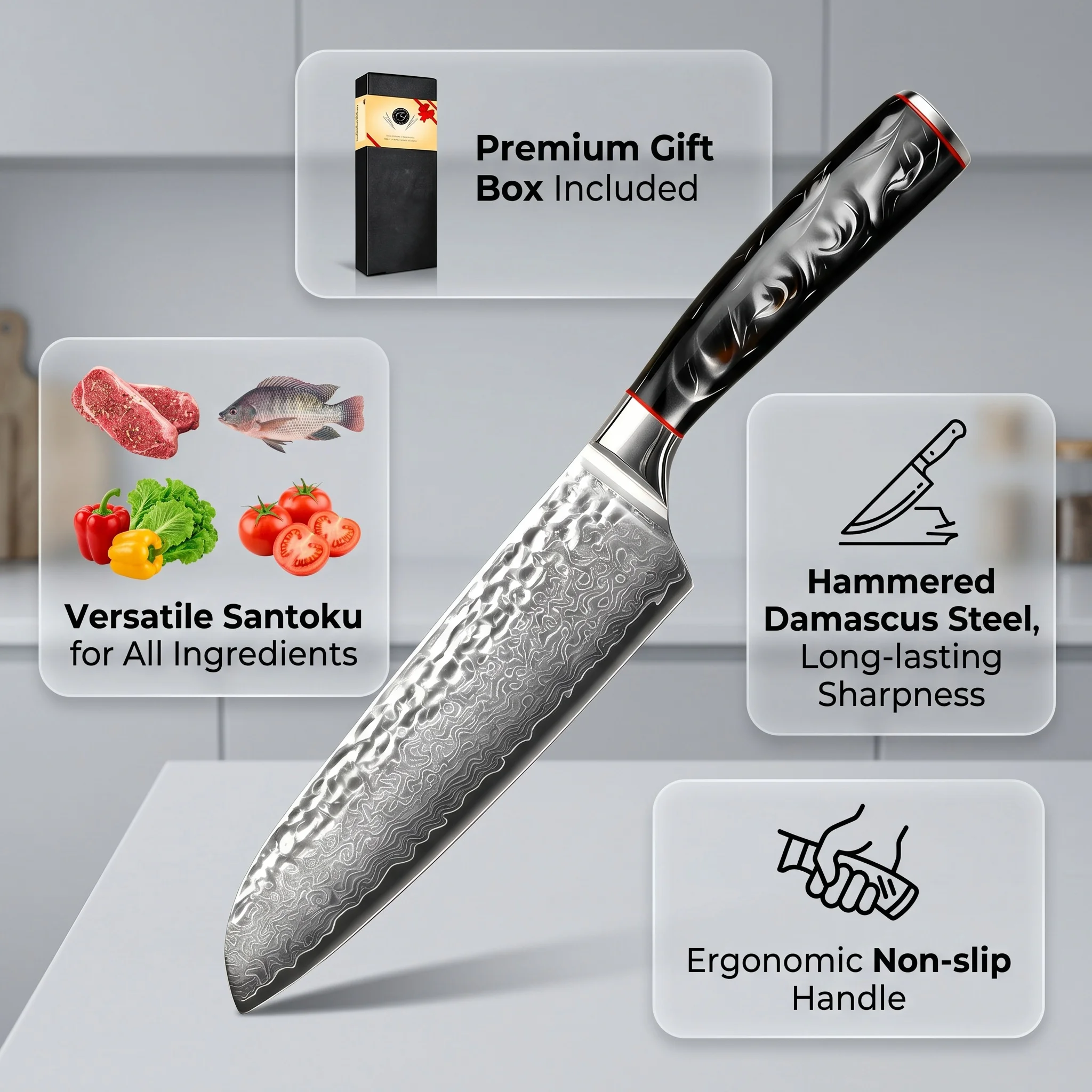 7.28 Inch 67 Layers Damascus Steel Santoku Knife - Abalone Shell Ergonomic Handle, Professional Kitchen Chef Knife for Precise