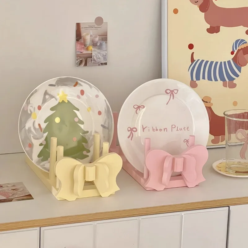 Pink Bowtie-Enhanced Kitchen Drying Rack Dishware Organizer Pink Ribbon Decorative Shelf for Countertop/Cabinet Storage
