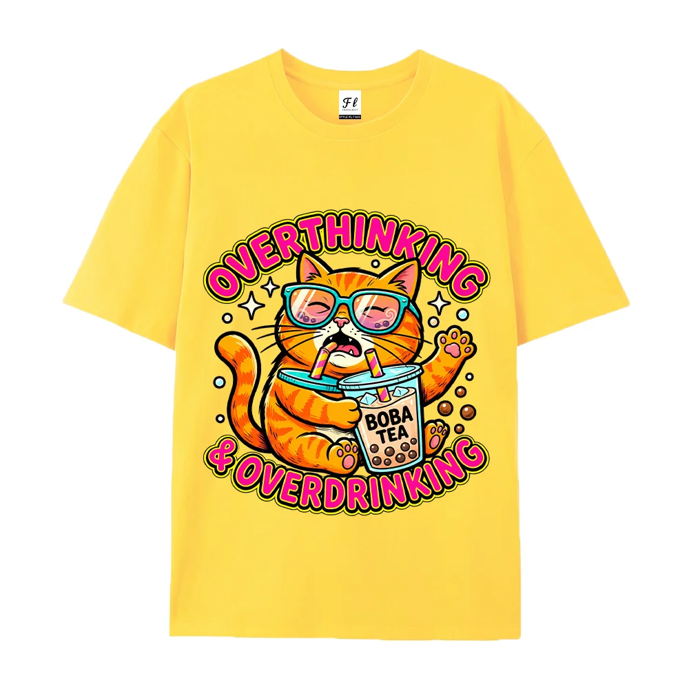 Women T Shirt Overthinking Boba Tea Cat Graphic Funny Letter Print Red Short Sleeve Loose Cotton Aesthetic Y2K Tops