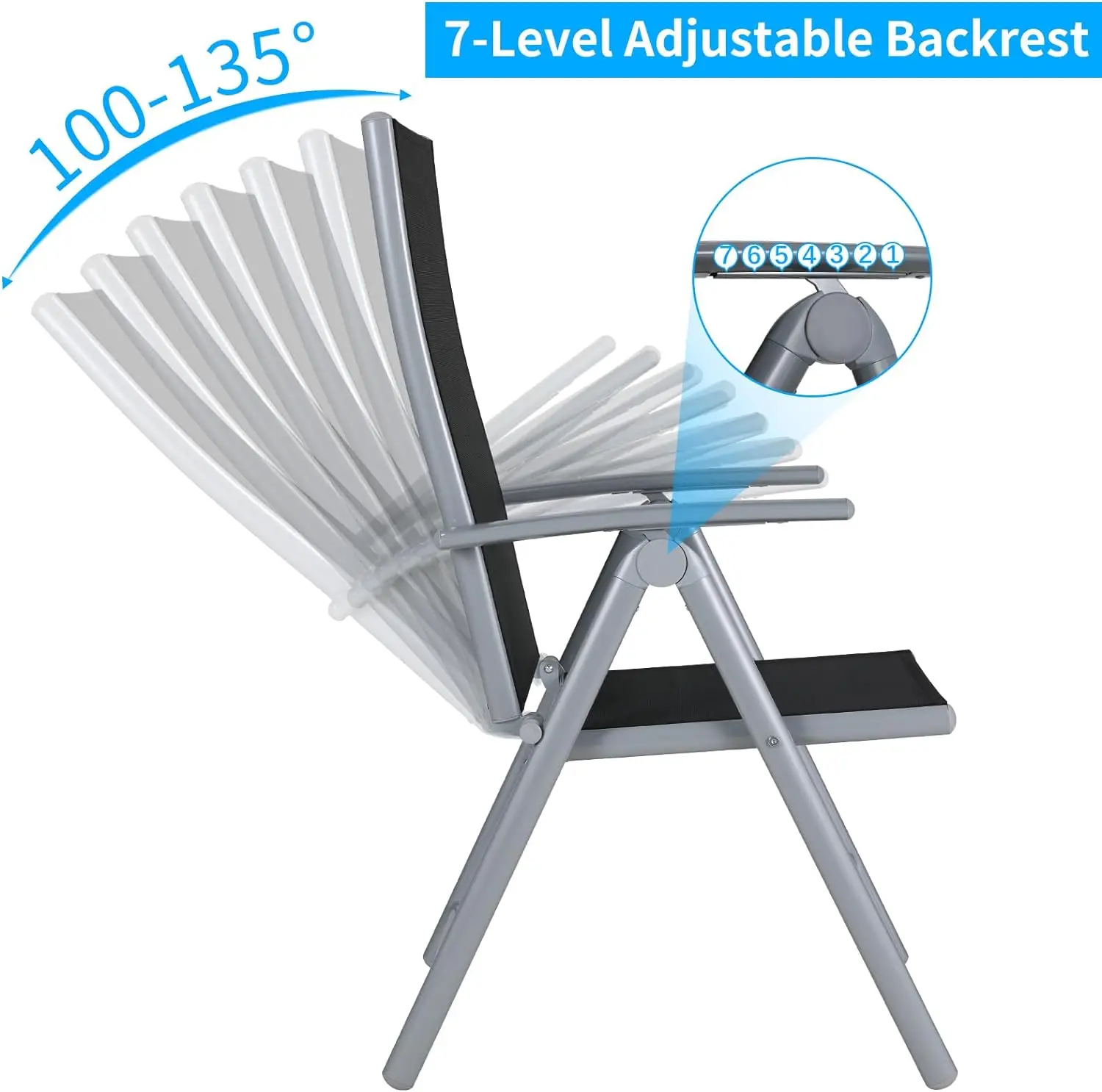 2PCS Foldable Lounge Chair Patio Folding Dining Chairs Aluminum Padded Adjustable High Back Lightweight Lawn Chair, Load 120kg