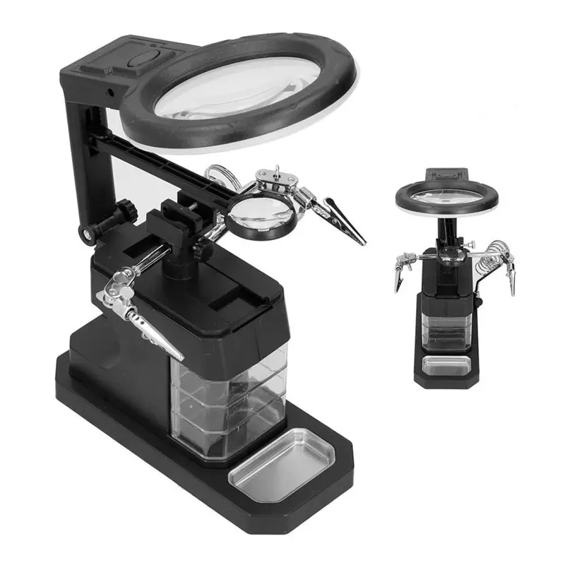 M12K-Clip-On Magnifier With LED Helping Hands Soldering Iron Stand Featuring 2.5X 4X 16X Magnification Glasses