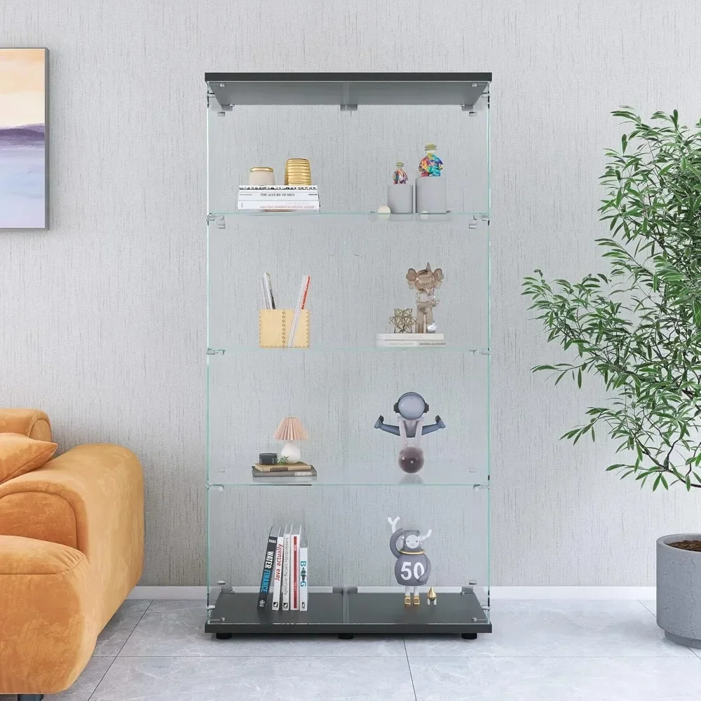 

XMSJ 4 Tier Glass Display Cabinet with Double Doors, 5mm Tempered Glass, Living Room Furniture, Bookshelves, Glasss Floor Bookca