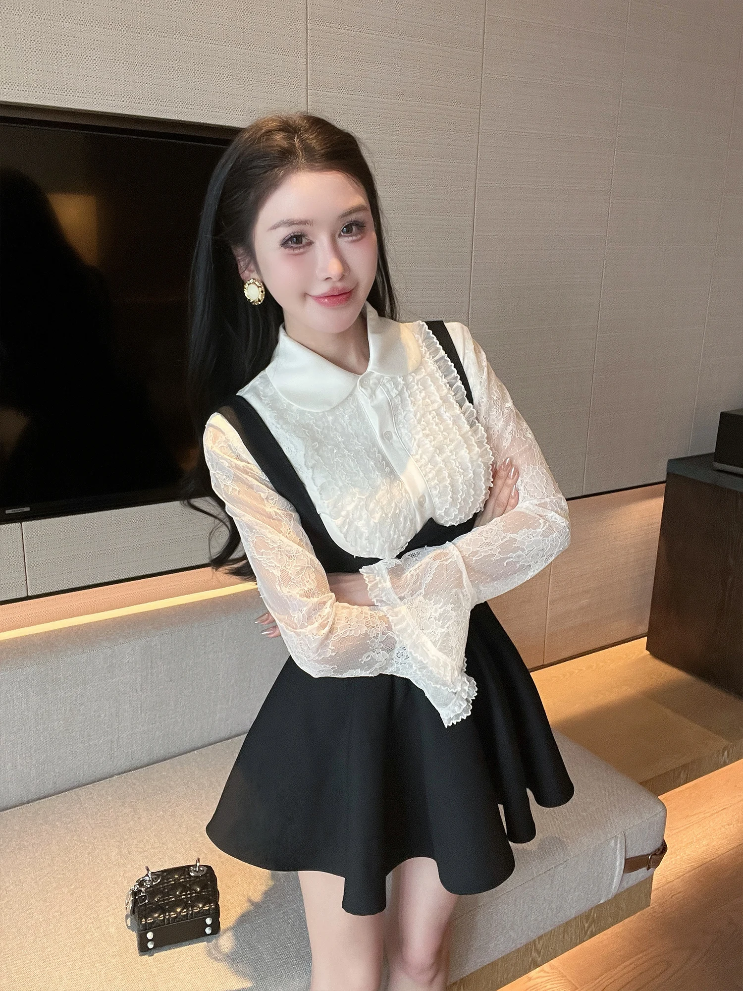 

LADIES FIRST Lace Bell Sve irt Stand Collar 3D Pleated Slimming Top Casual Sle Polyester Fabric Long Sve Spring Wear