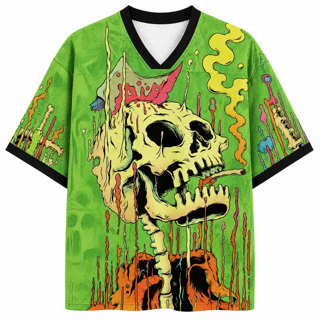Psychedelic Color Dripping Skull Smoking Full Print Short Sleeved T-shirt, Punk Street Style Hip-hop Loose Sports T-shirt