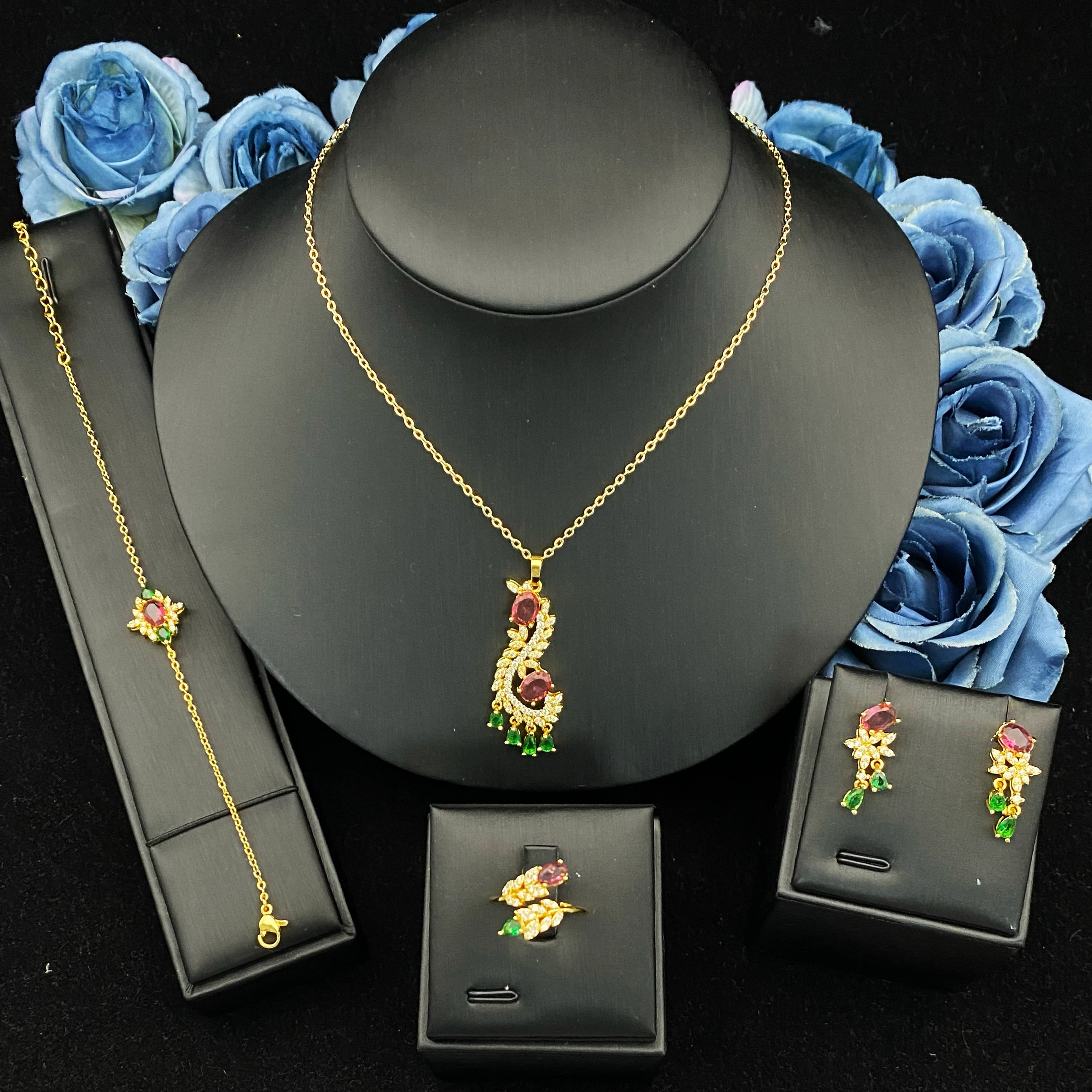 

Ювелирный набор JRH из позолоченной меди с цирконием: браслет, кольцо, ожерелье, серьги для женщин, в подарочной коробке, премиум-качество