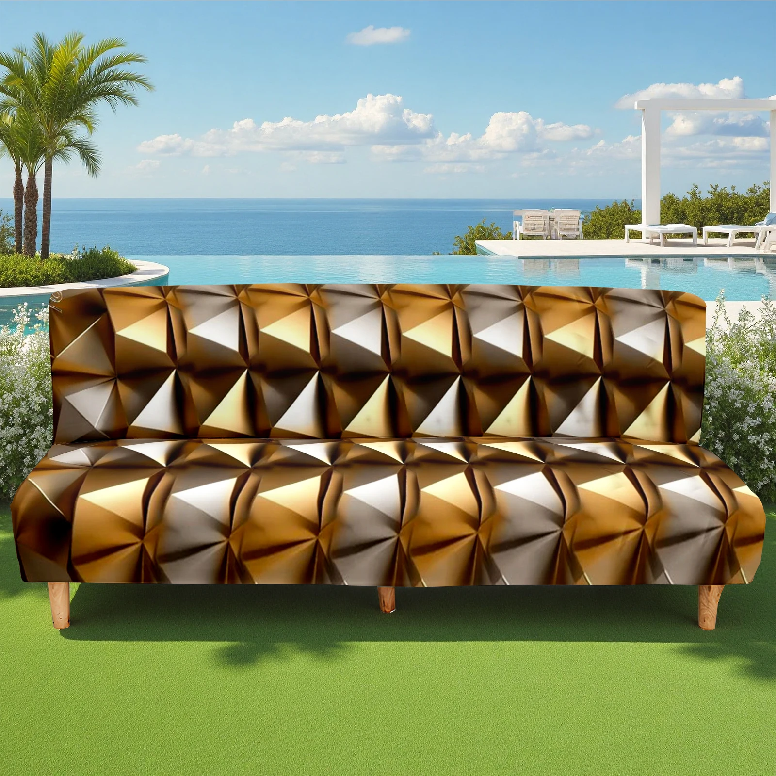 Geometric Diamond Print Summer Outdoor Sofa Bed Cover, Elastic Milk Silk Slipcover, Pet - Friendly, Washable