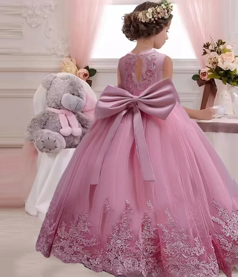 Vestido infantil de 3 a 12 anos, laço bordado, renda, vestido de casamento, menina, princesa, festa de aniversário, vestido de noite