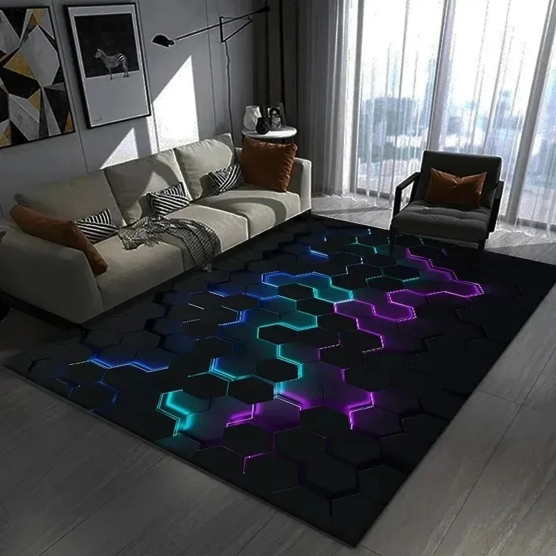 Soft Large Floor Carpet Blue Purple Neon Hexagon Honeycomb Geometric Print Area Rug for Bedroom Gaming Room Home Decor