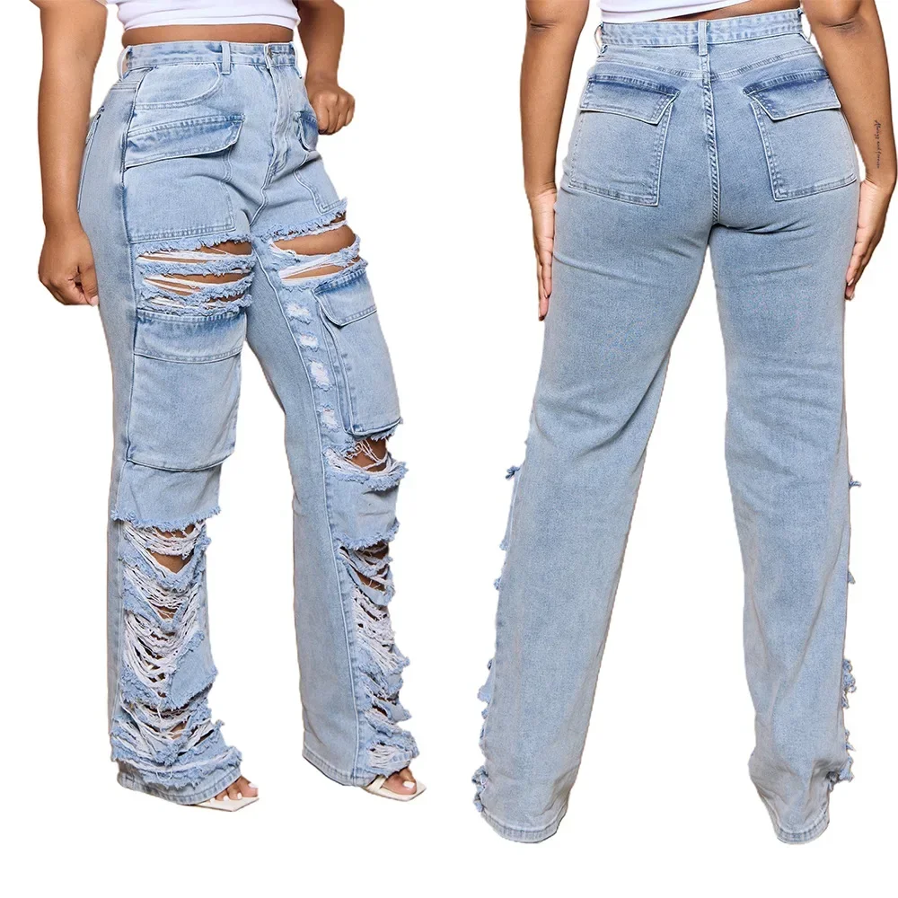 

Ripped Hole Women Jean Distressed Straight Pants Denim Ankle Length Jeans High Waist Pockets Loose Spliced Punk Vintage